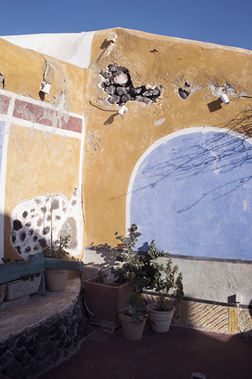 Details of a closed cafe in Oia, Santorini, on a winter day